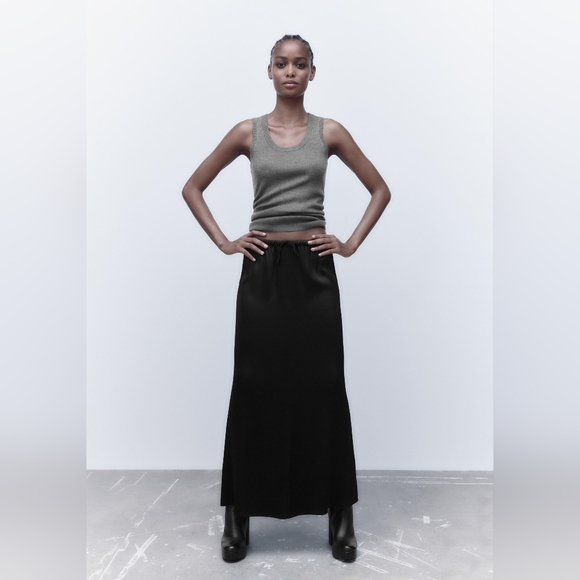 Zara Silky Satin Long Black Maxi Skirt - Picture 2 of 6